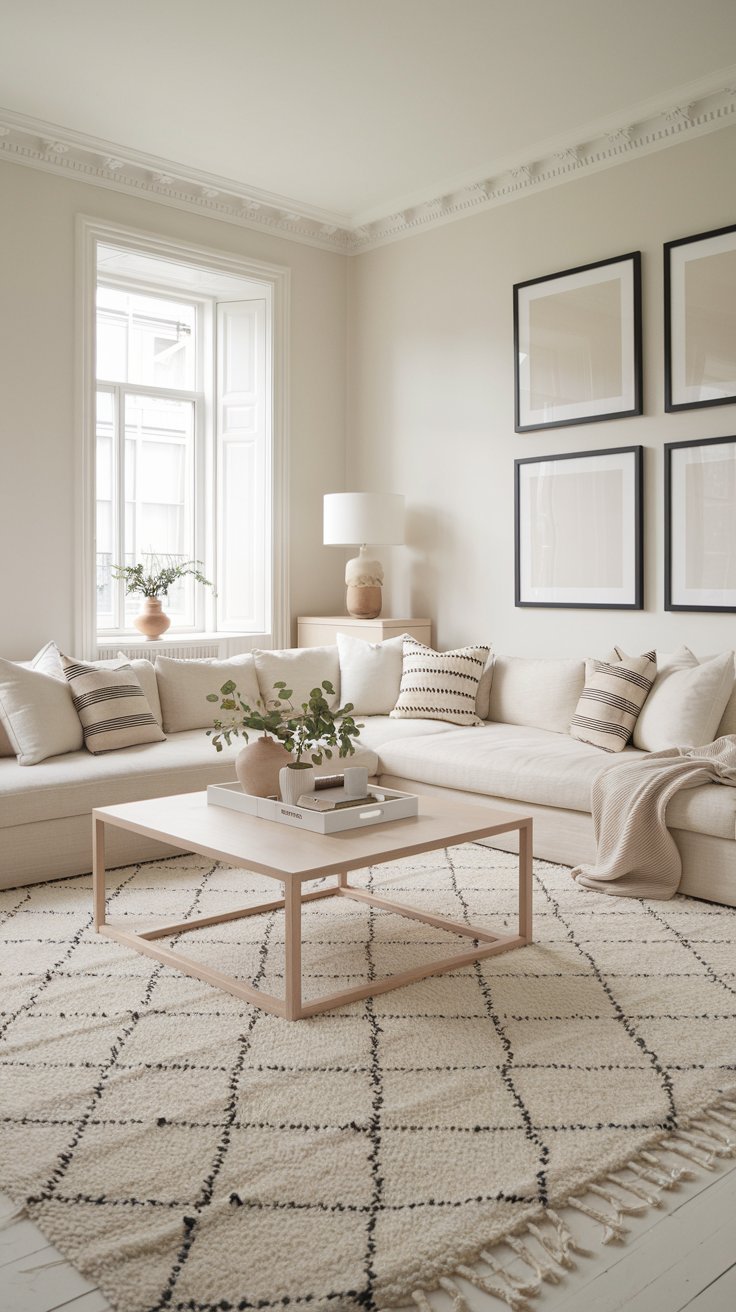 Grand salon avec canape d angle beige et tapis style berbere