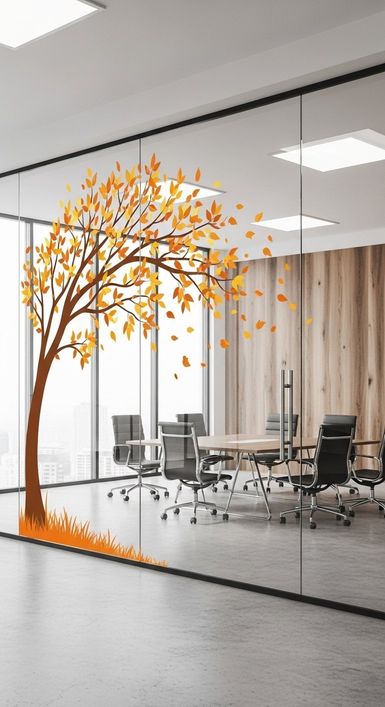 Grand sticker d arbre d automne sur la cloison vitrée d un bureau