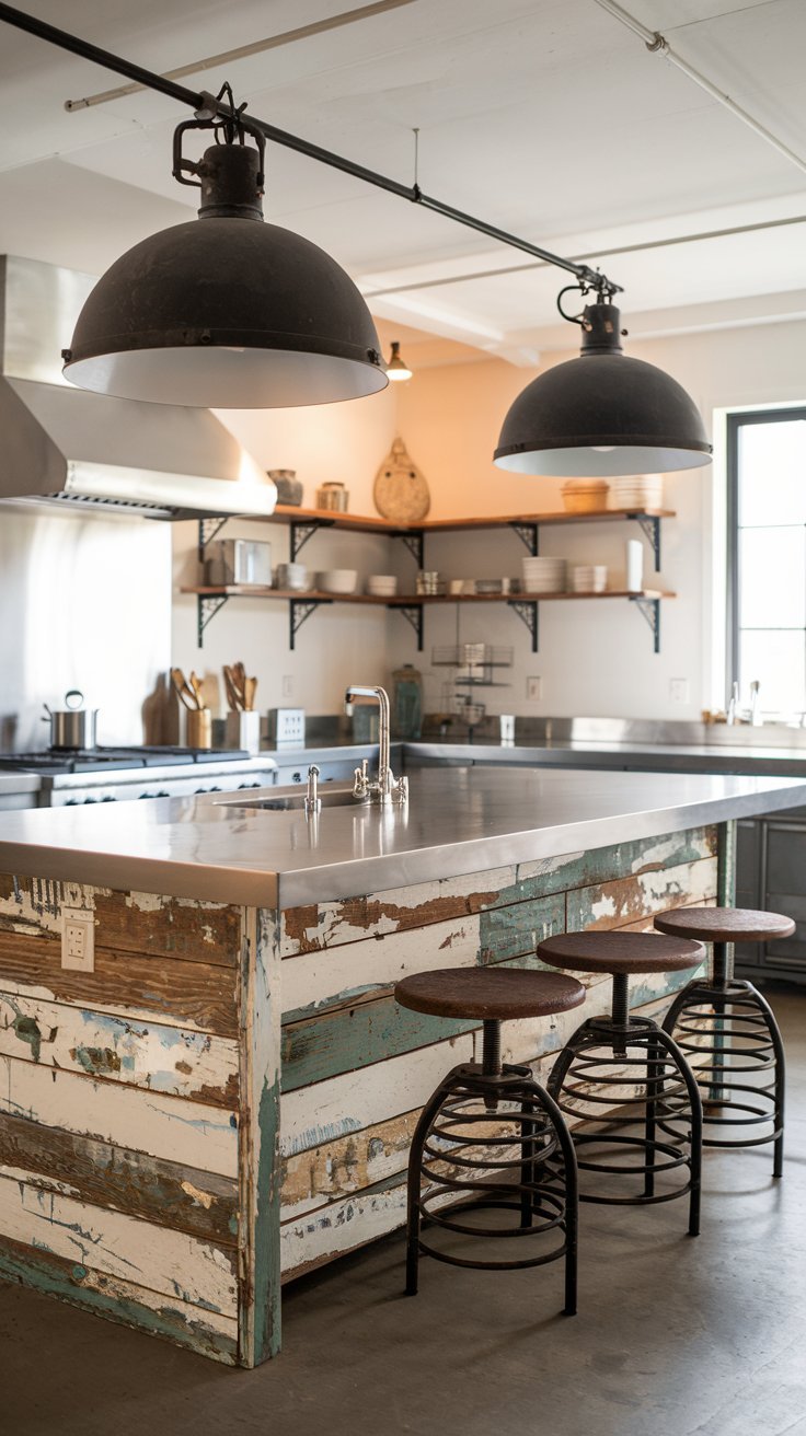 Îlot de cuisine industriel en bois de récupération et plan de travail en inox