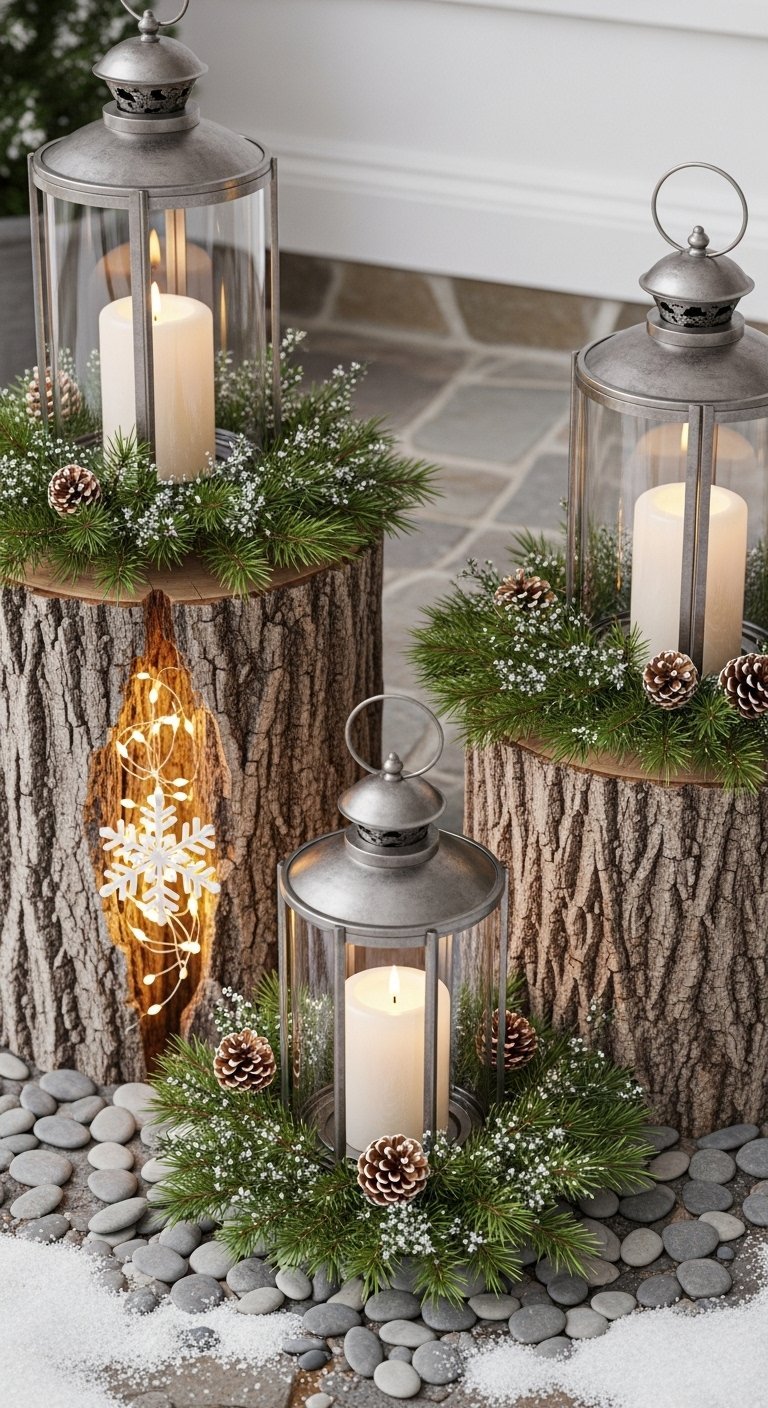 Lanternes rustiques posées sur des troncs d arbres à côté d une bûche creusée et illuminée
