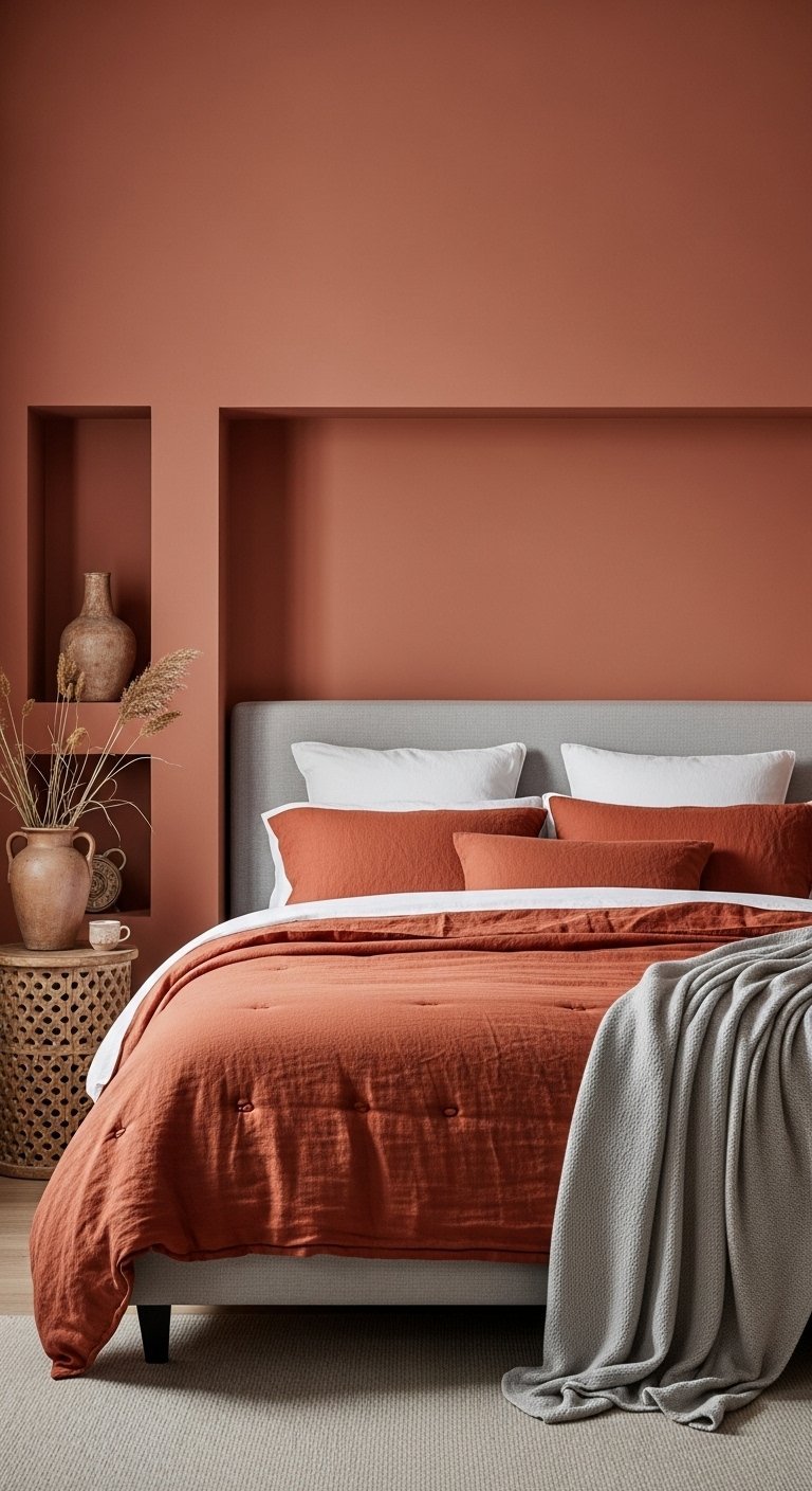 Lit gris avec parure terracotta et niche murale assortie