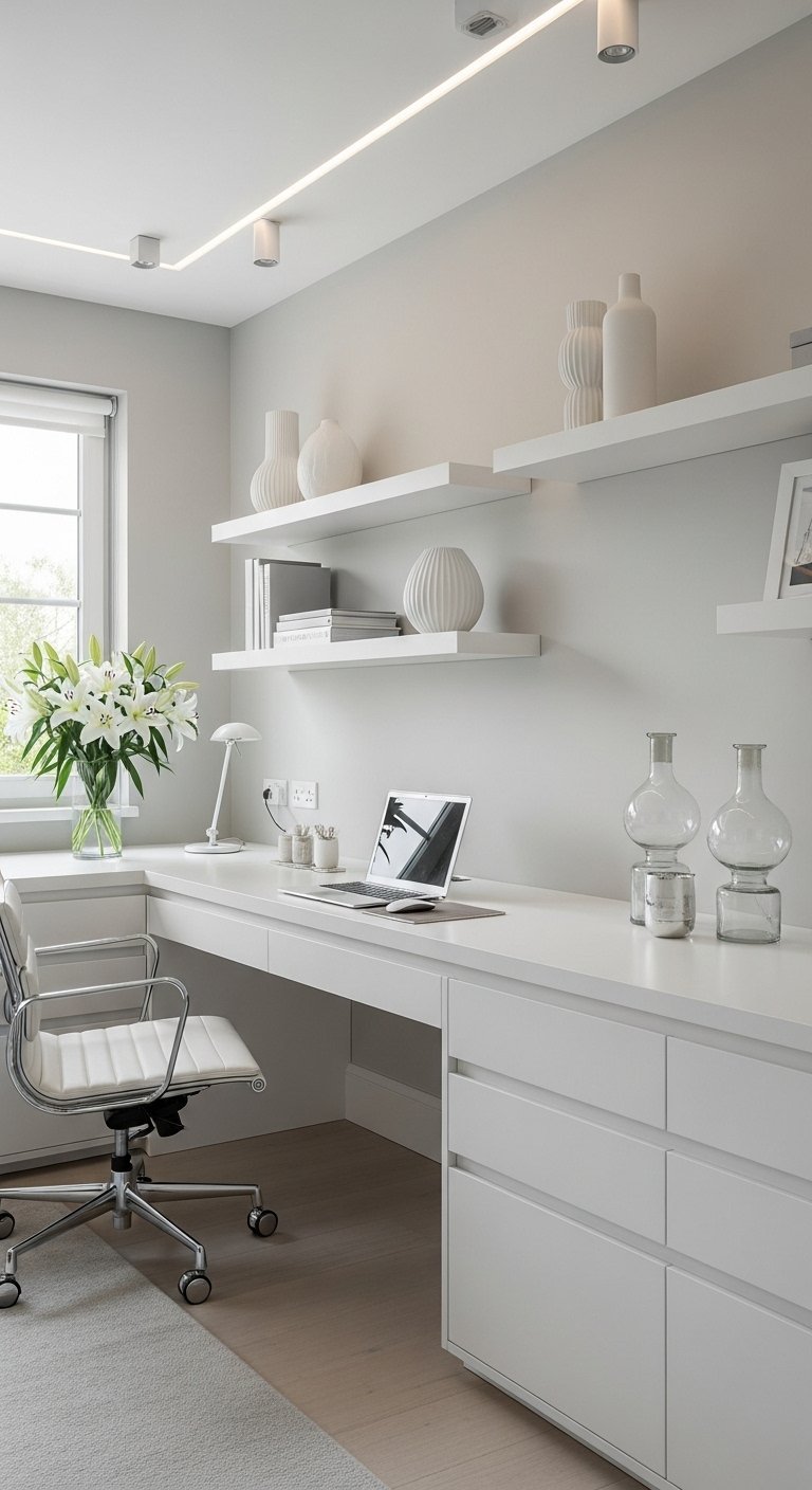 Long bureau intégré blanc de style minimaliste avec une chaise chromée