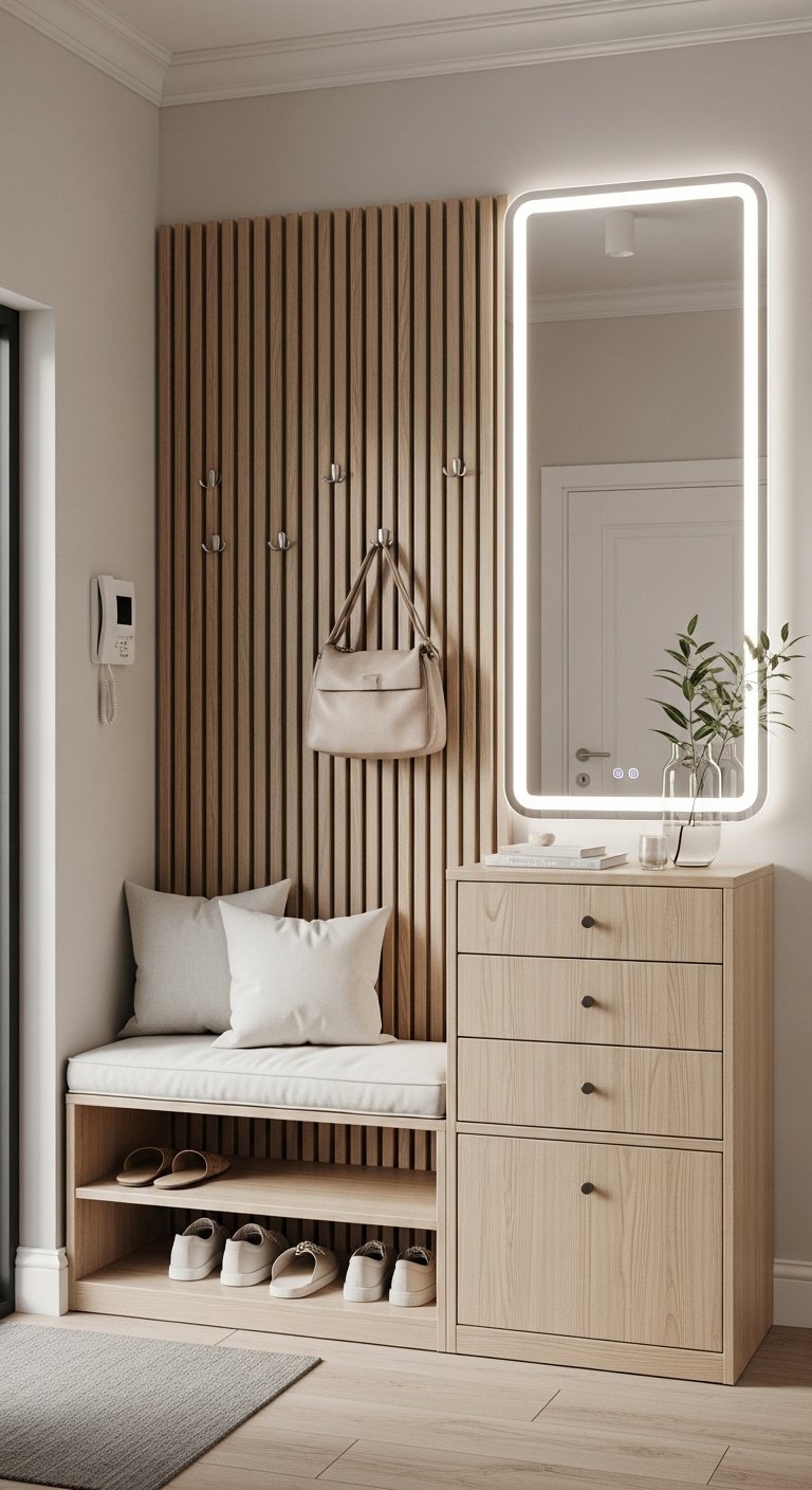 Meuble d entree en bois avec miroir lumineux a LED