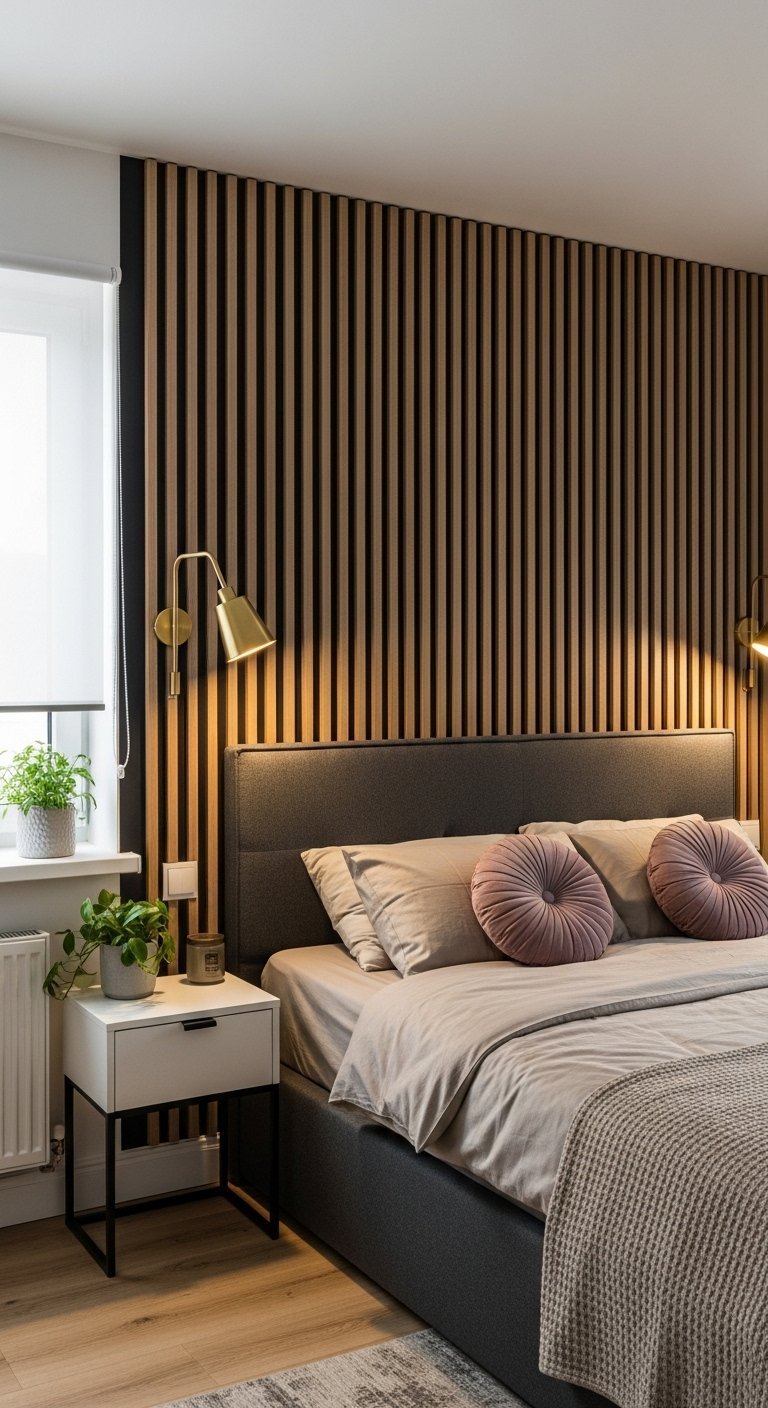 Mur de tasseaux de bois derrière une tête de lit en tissu gris