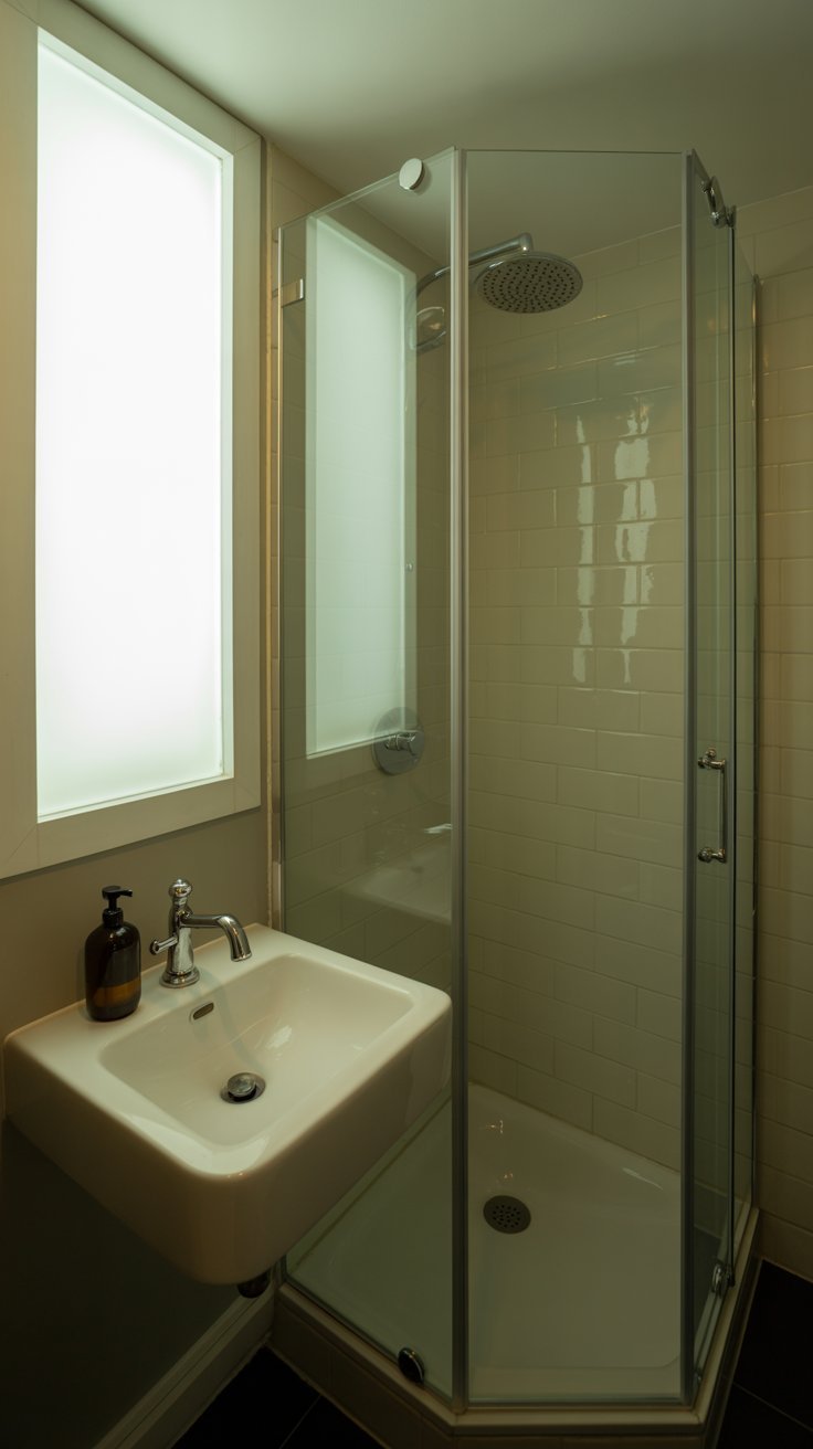 Salle d eau très compacte avec lavabo suspendu et douche d angle