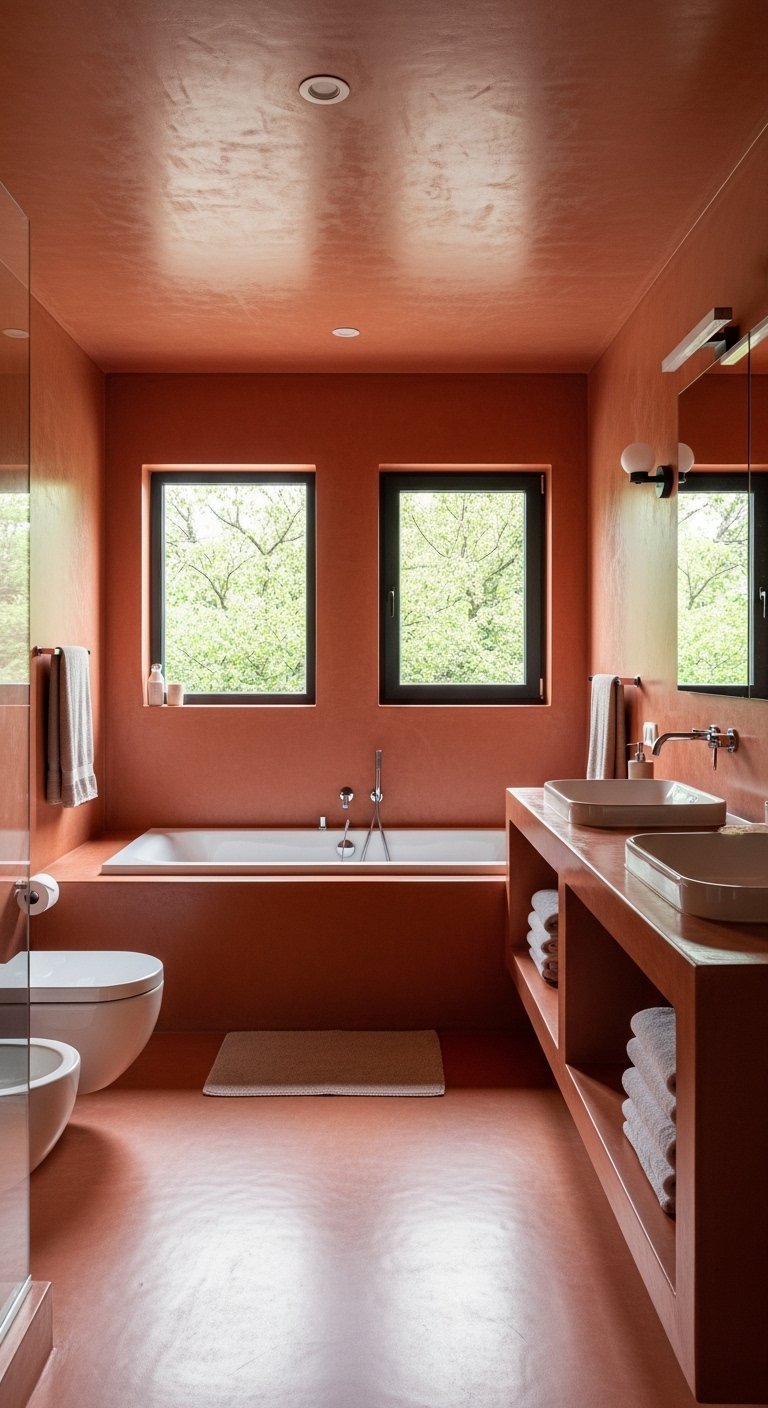 Salle de bain avec enduit terracotta rosé et baignoire intégrée