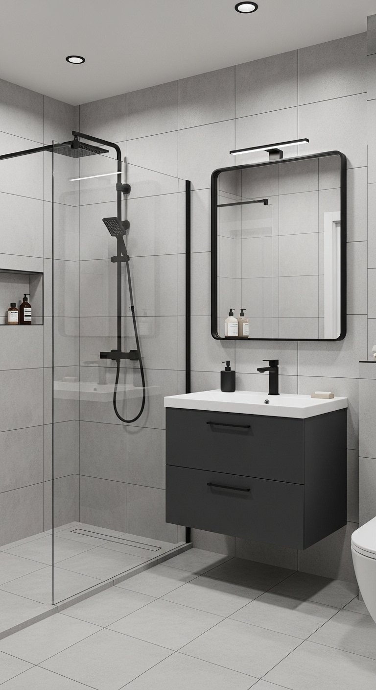 Salle de bain minimaliste avec carrelage gris et accessoires noirs