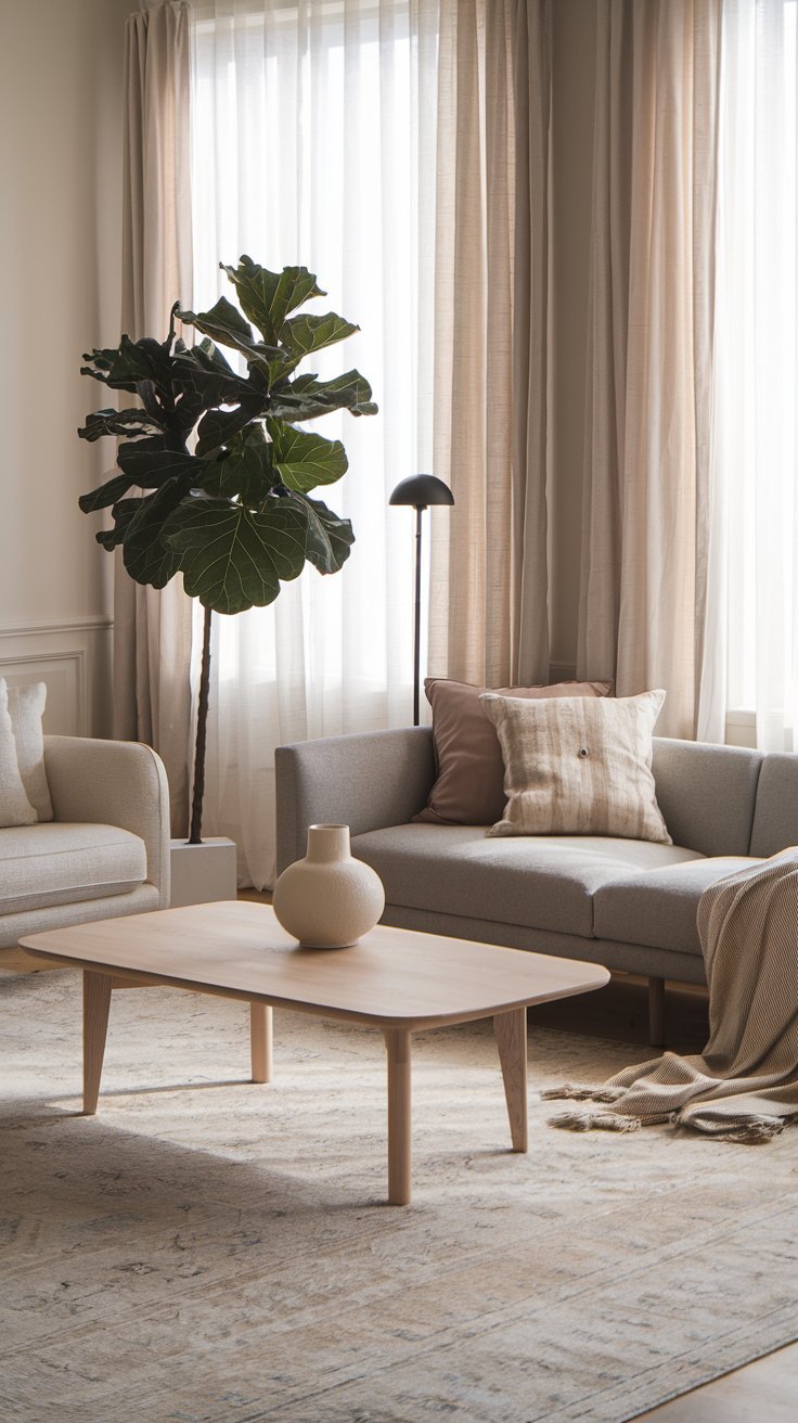 Salon de style scandinave avec canapé gris et table basse en bois clair