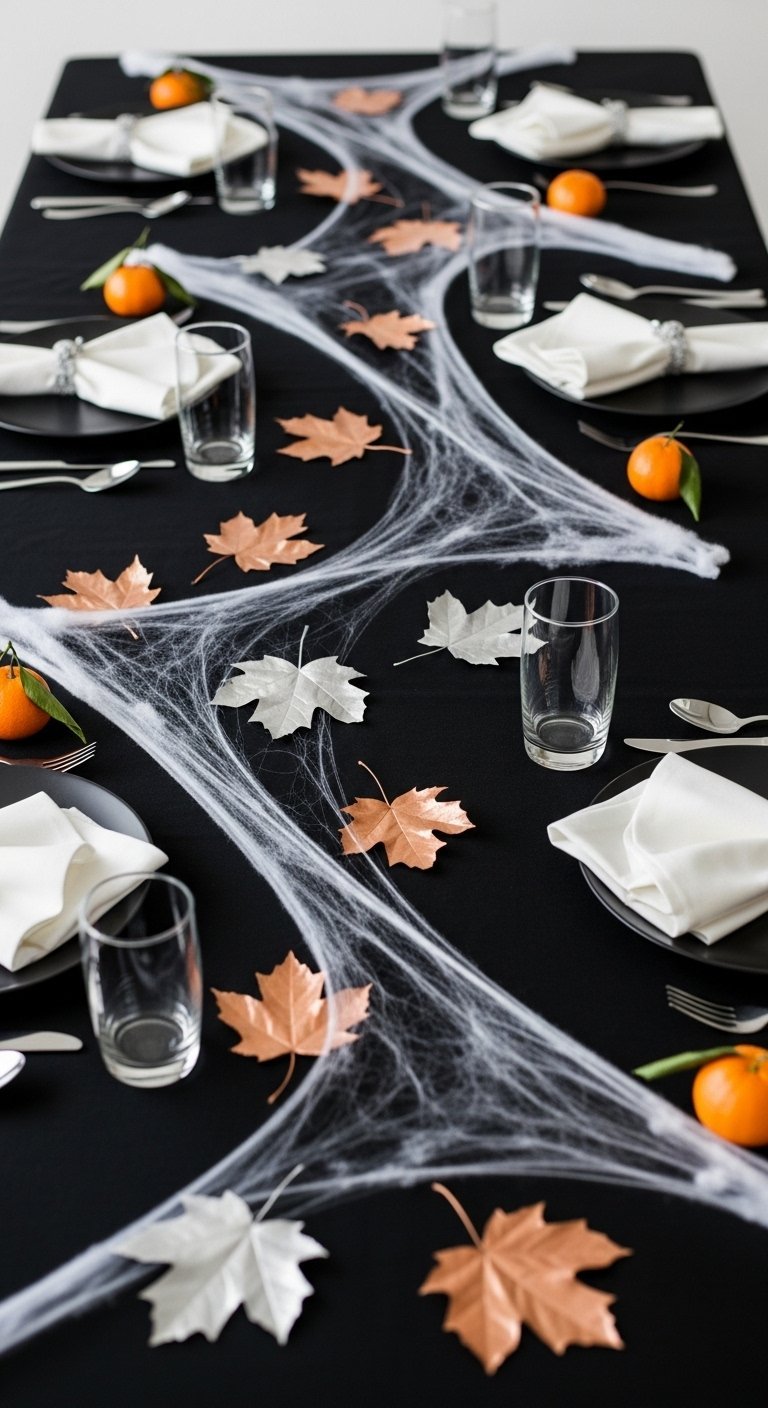 Table noire decoree de toile d araignee et de feuilles metalliques
