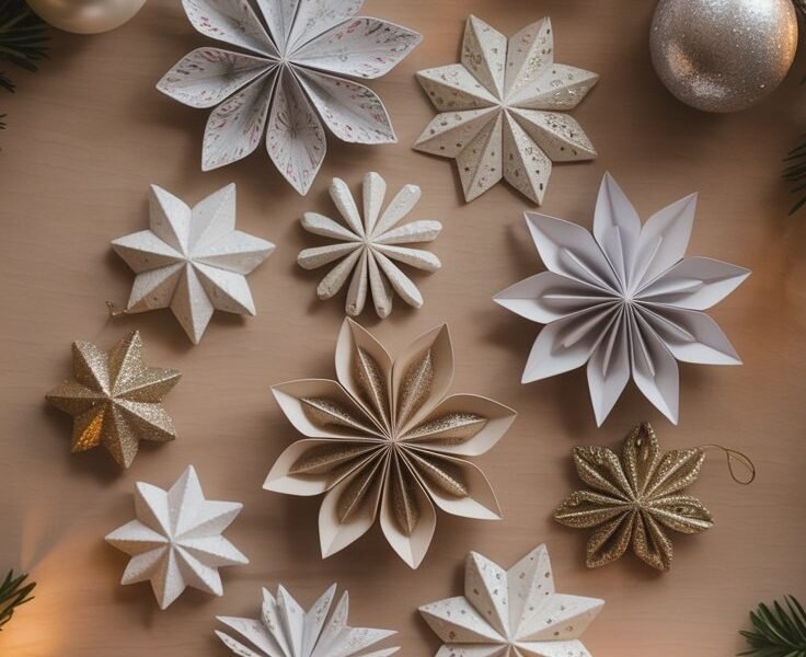 Assortiment d étoiles de noel en papier origami blanc et doré