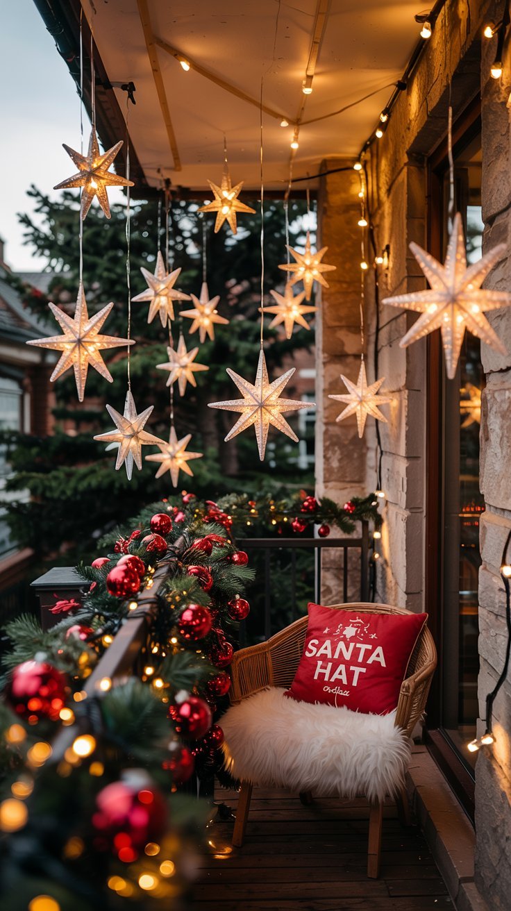 Balcon decore avec des etoiles lumineuses suspendues et un fauteuil
