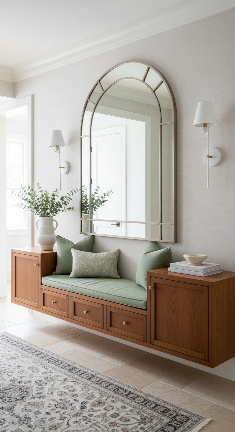 Banc flottant en bois avec coussins verts et grand miroir en arche