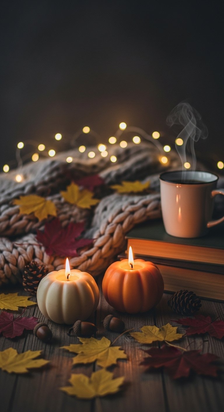 Bougies citrouilles avec une tasse chaude et une couverture tricotée