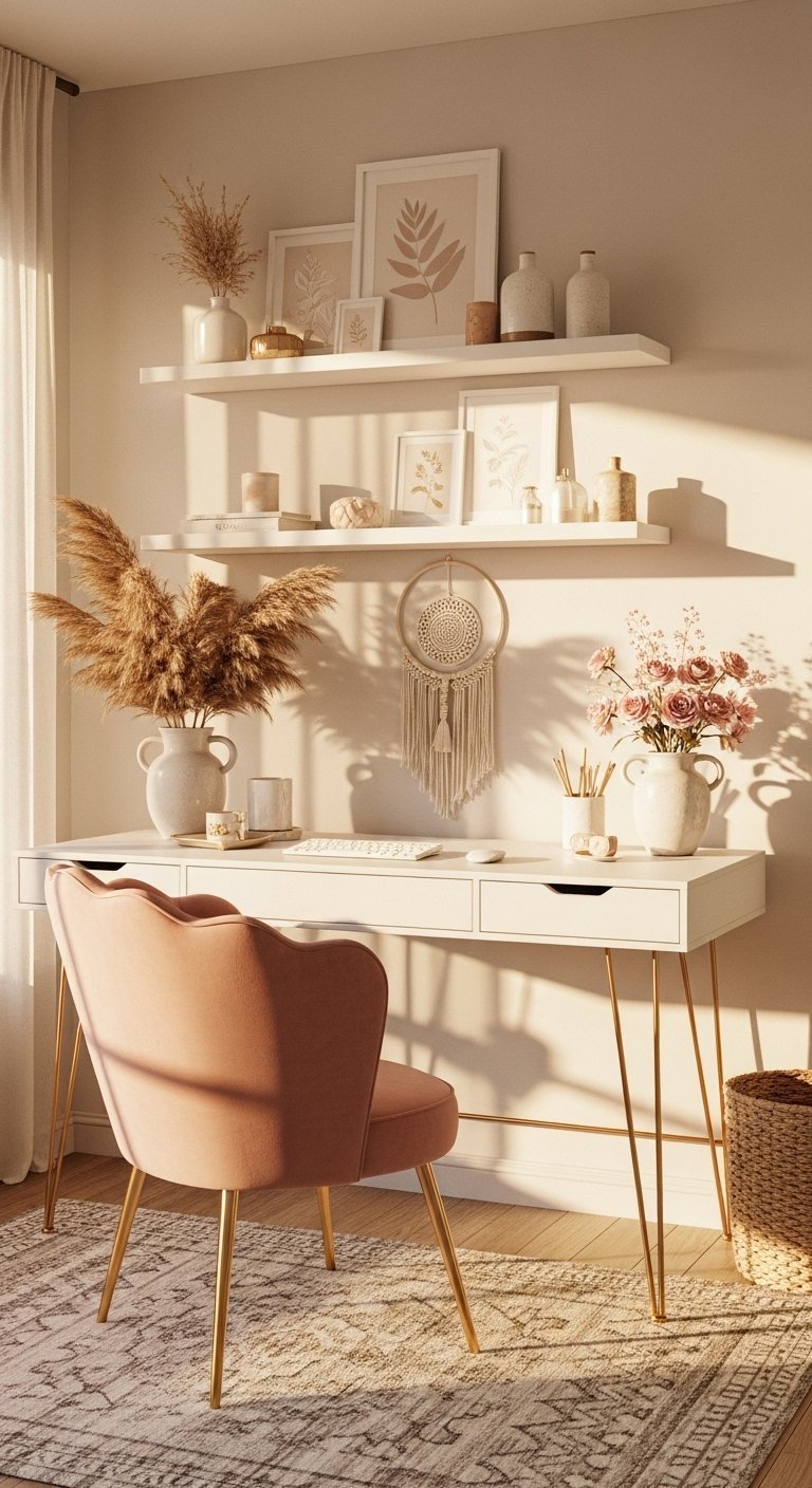 Bureau blanc de style bohème avec herbes de la pampa séchées