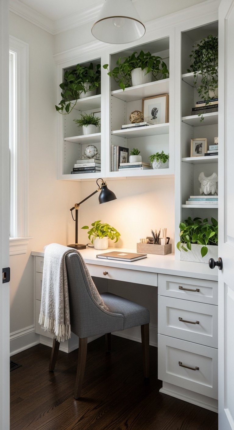 Bureau blanc lumineux avec de nombreuses plantes vertes sur des étagères