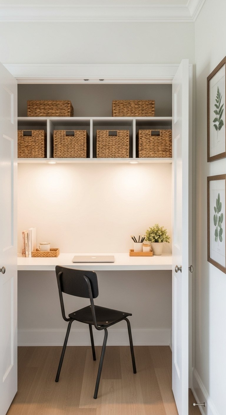 Bureau blanc minimaliste avec paniers de rangement en jonc de mer