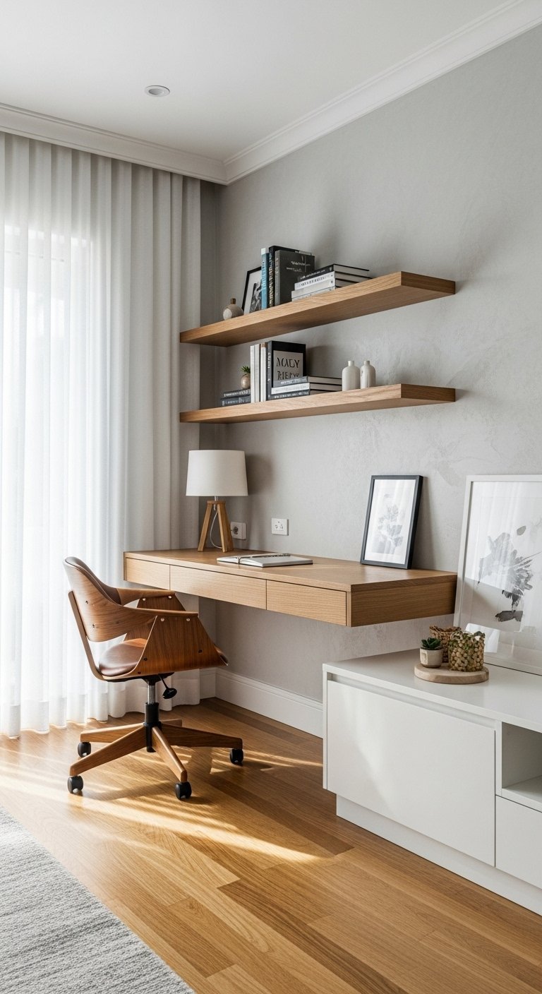 Bureau flottant en bois avec etageres assorties sur un mur gris