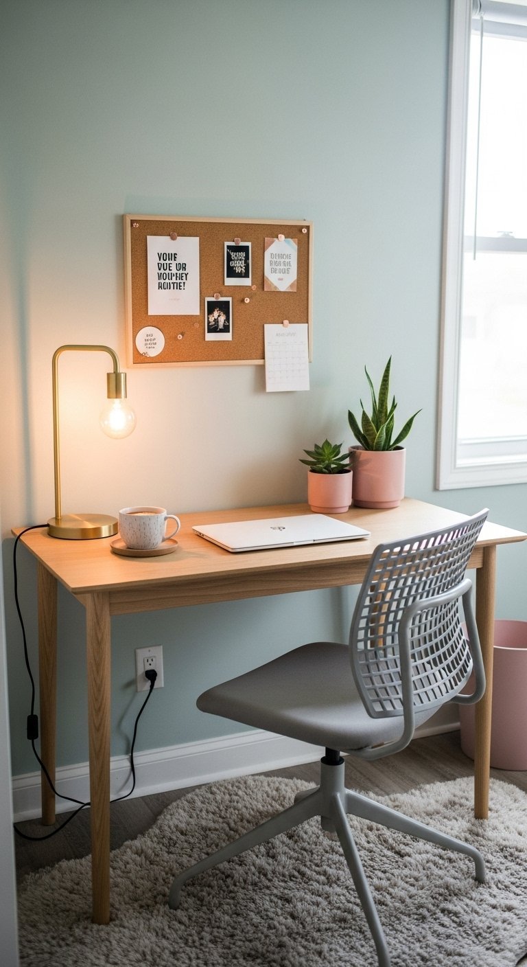 Bureau minimaliste en bois avec une chaise grise et un tableau en liège