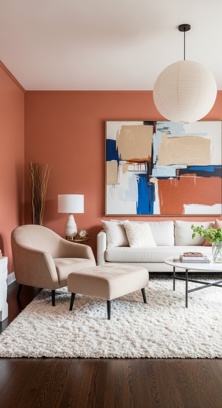 Canape blanc et fauteuil beige devant un mur terracotta avec un grand tableau