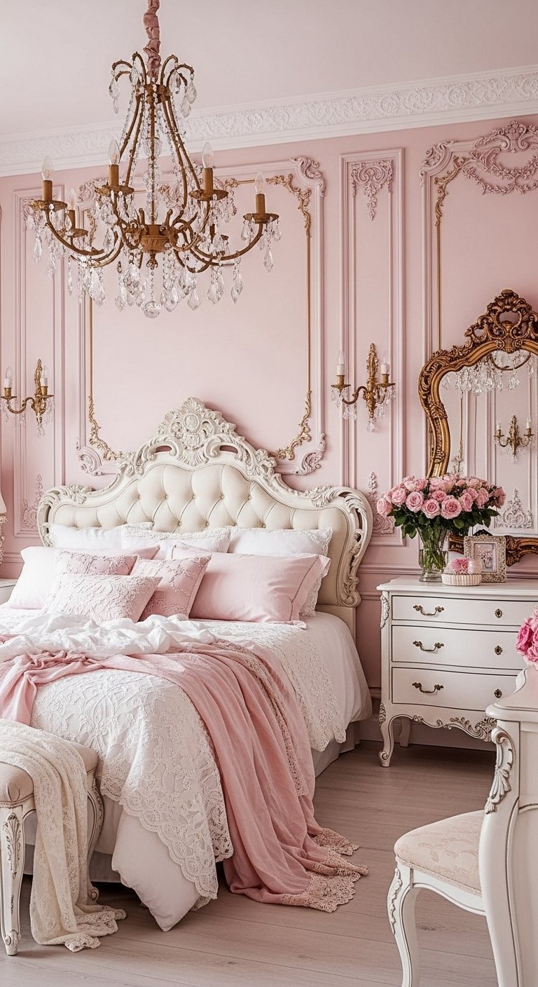Chambre baroque rose avec moulures dorées et lustre en cristal