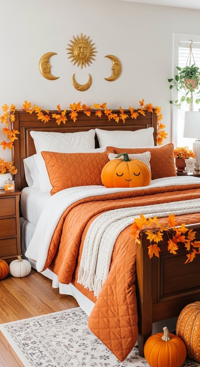 Chambre décorée pour l automne avec des guirlandes de feuilles et des citrouilles