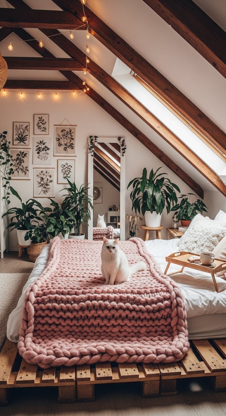 Chat blanc assis sur un plaid rose en grosse maille dans une chambre mansardee