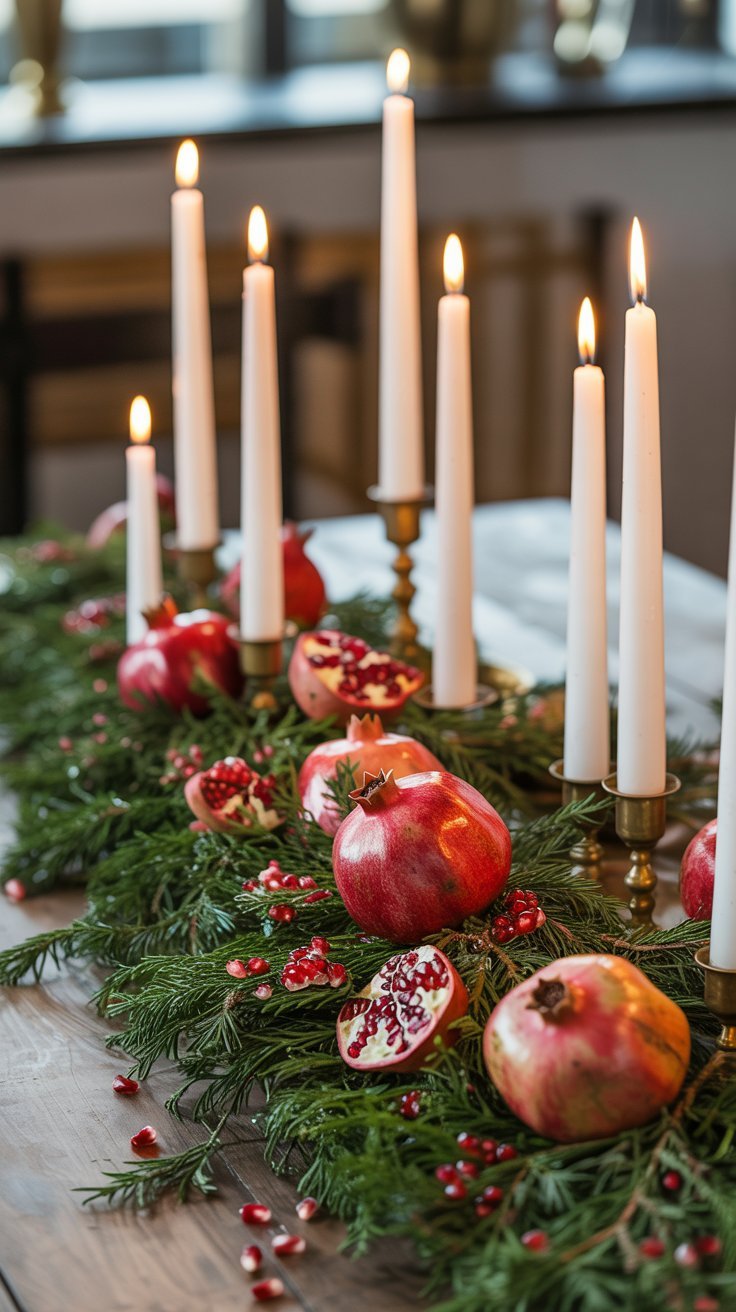 Chemin de table de noel avec des grenades fraîches et de hautes bougies