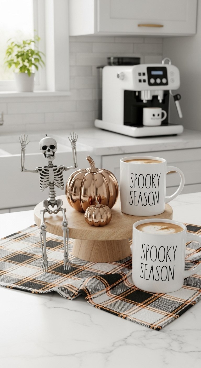 Coin cafe de cuisine decore pour Halloween avec un squelette et des tasses