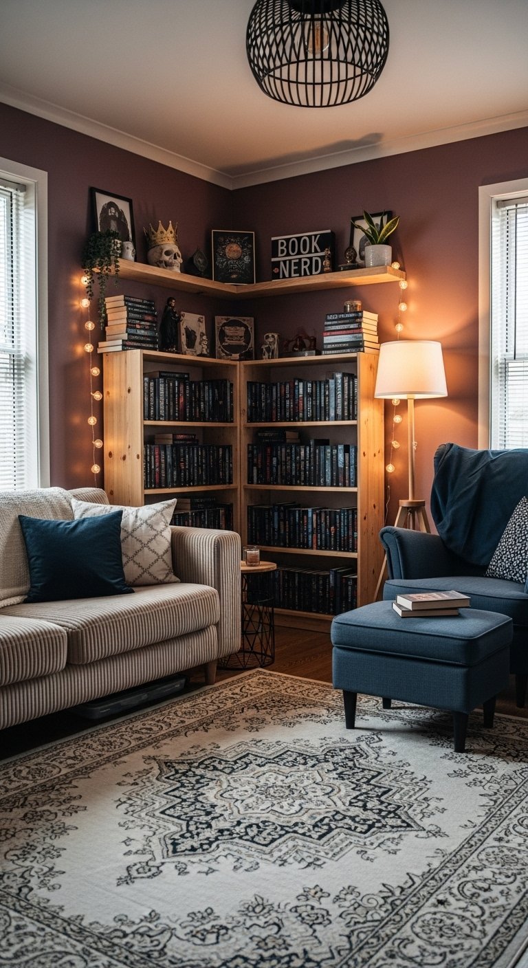 Coin lecture intime avec bibliotheque en bois et murs sombres