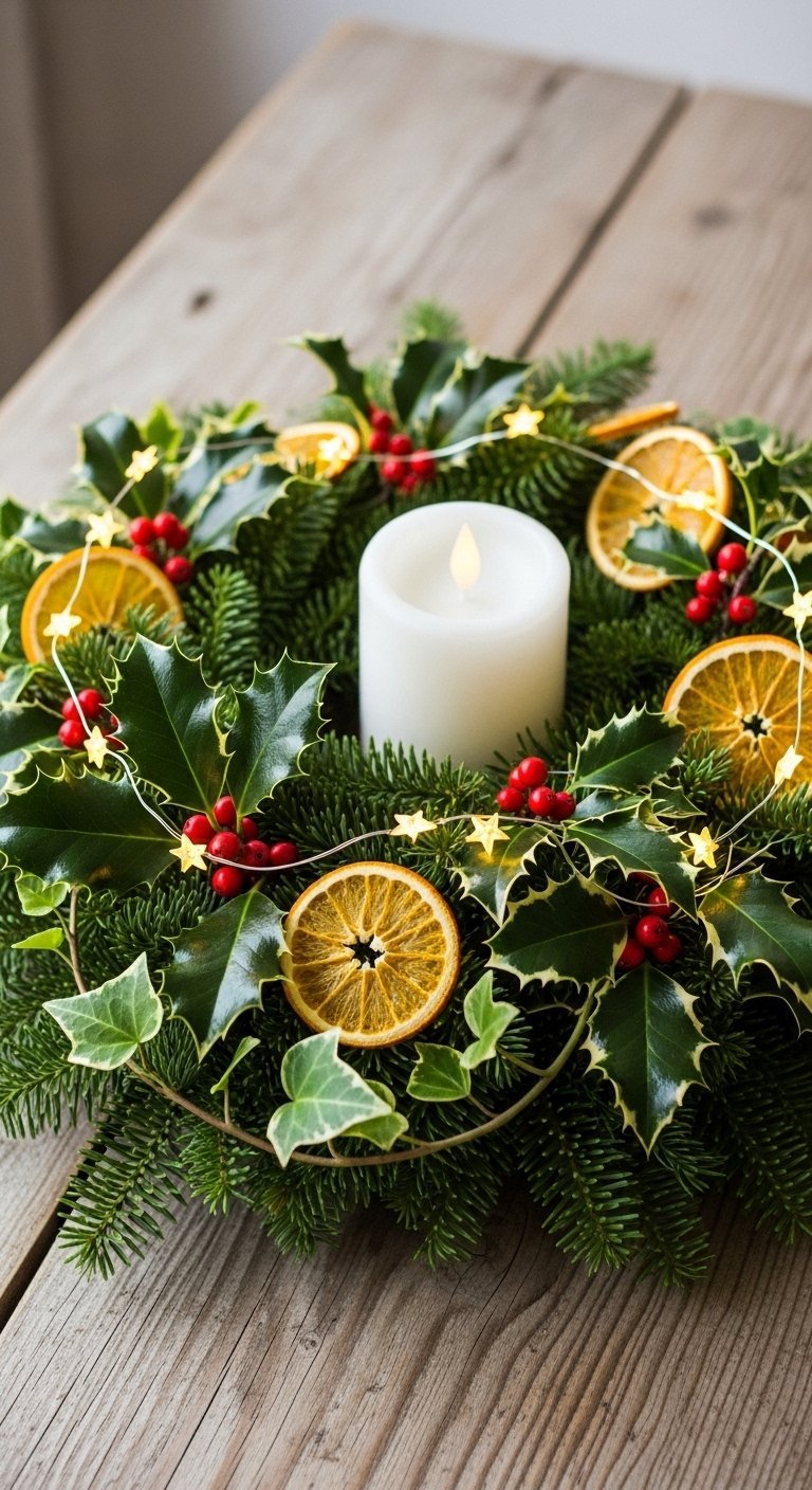 Couronne de l Avent avec du houx des oranges séchées et une bougie