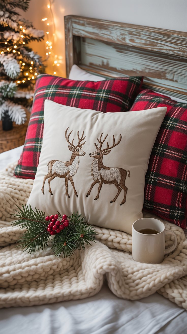 Coussins de Noël avec motif de cerf et tartan sur un lit