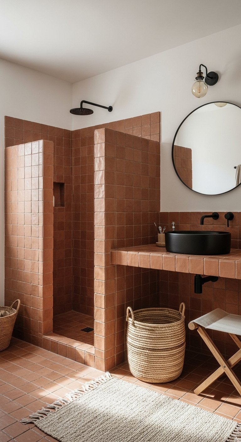 Douche ouverte en carrelage terracotta artisanal avec vasque noire