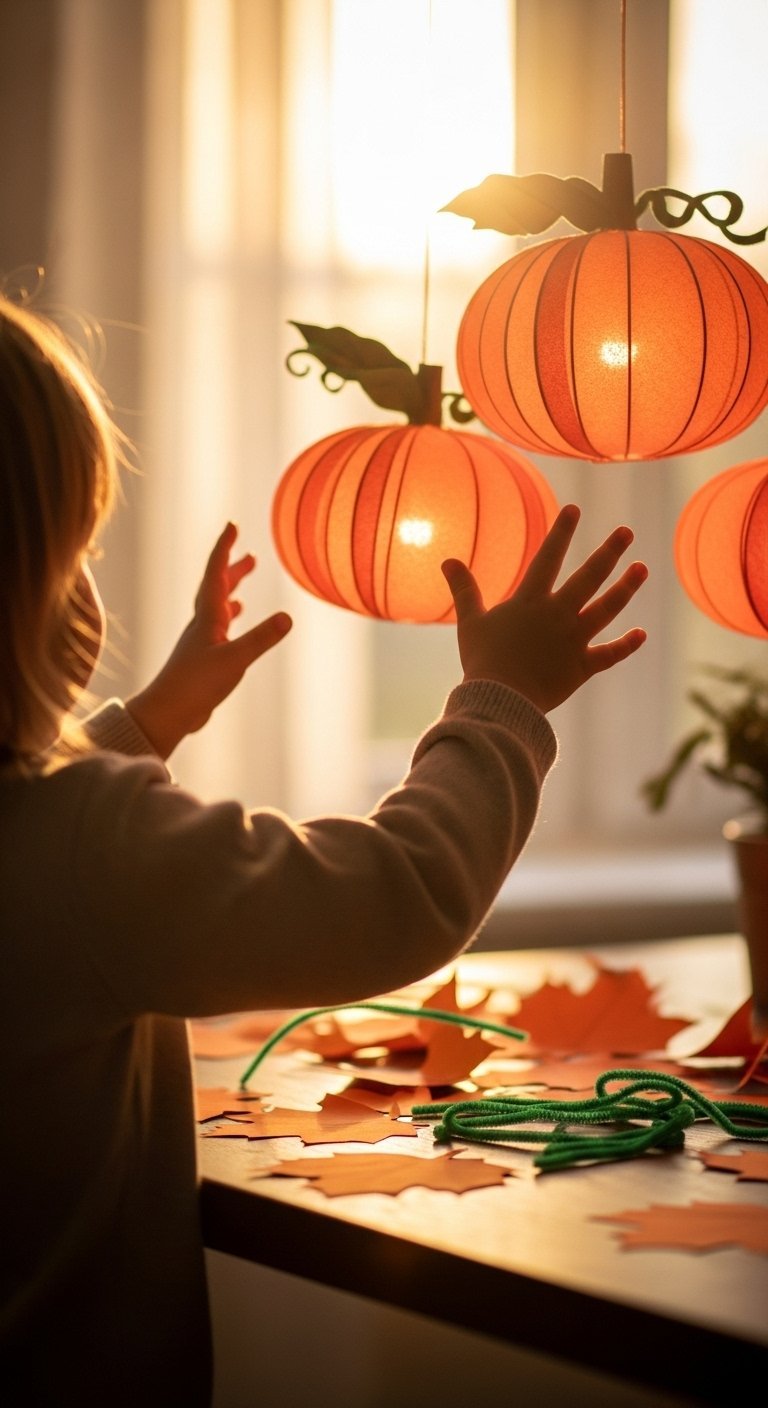 Enfant tendant les mains vers des lanternes en papier en forme de citrouille