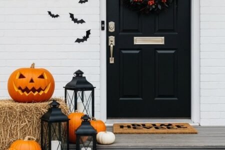 Entrée de maison moderne avec envolée de chauves souris et citrouilles au sol