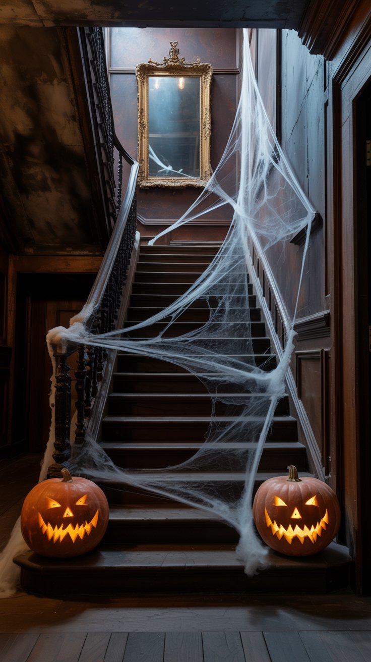 Escalier en bois sombre recouvert de toiles d araignee avec deux citrouilles