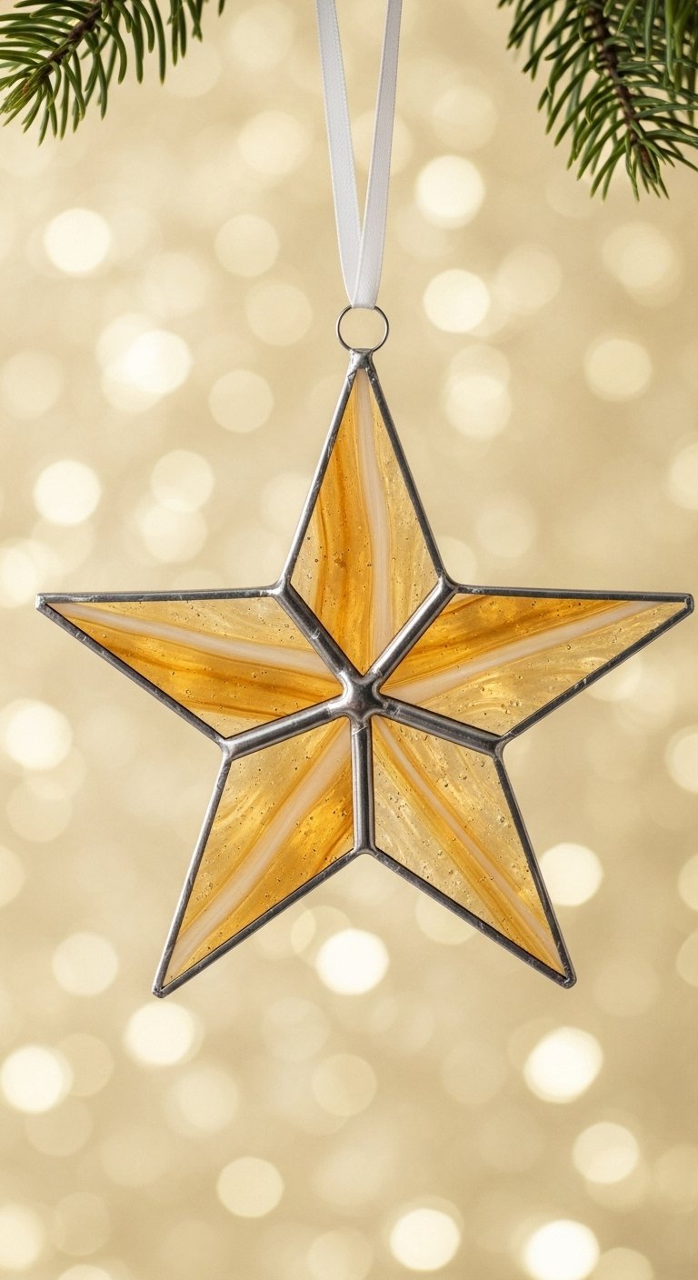 Étoile de Noël dorée en vitrail suspendue par un ruban blanc