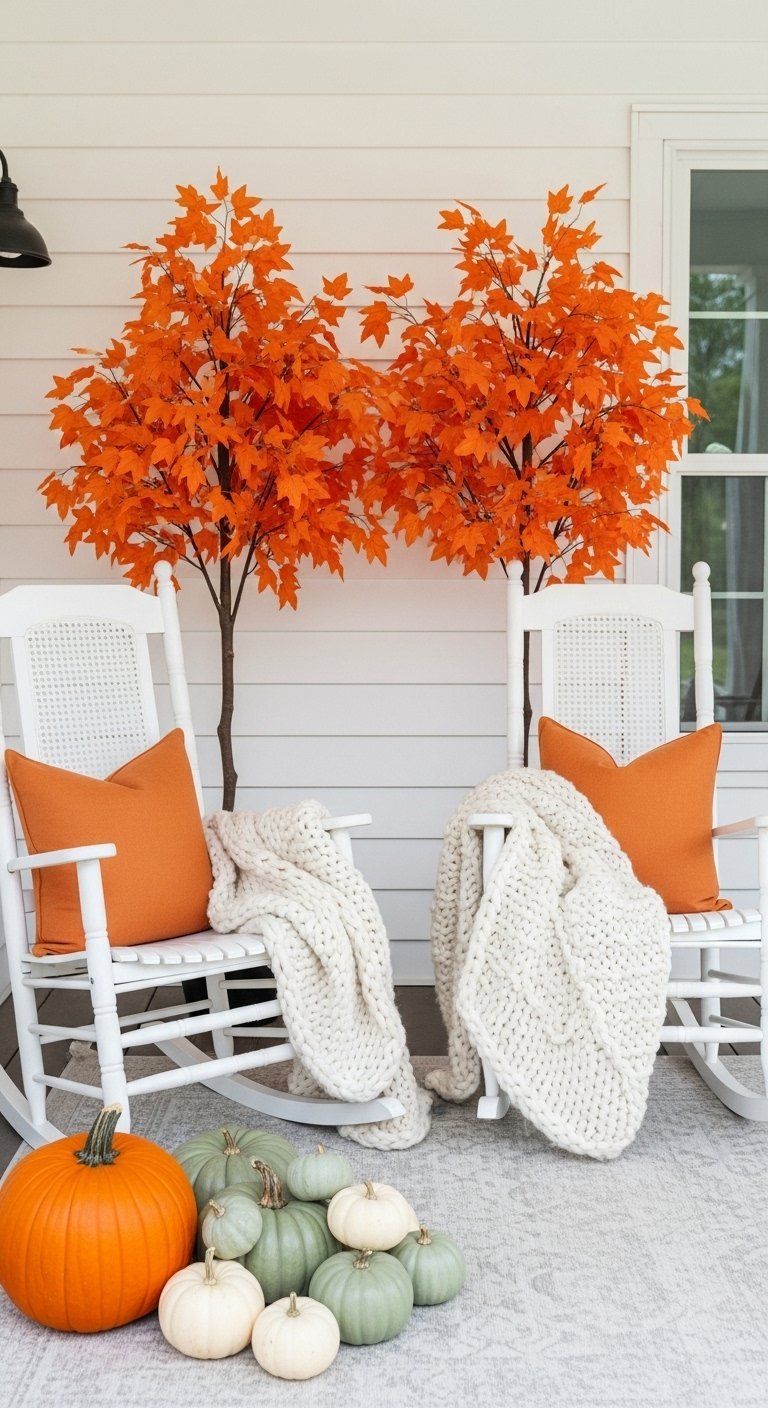 Fauteuils a bascule blancs avec des couvertures epaisses et des plantes oranges