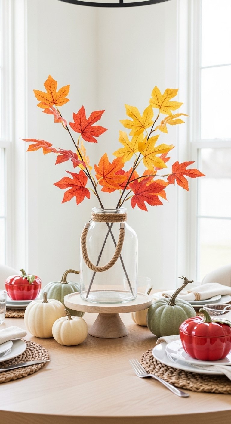 Grand vase en verre avec des branches de feuilles d érable colorées