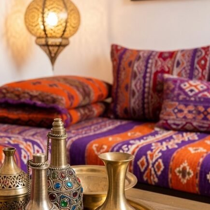 Gros plan sur des décorations marocaines en laiton et une lanterne