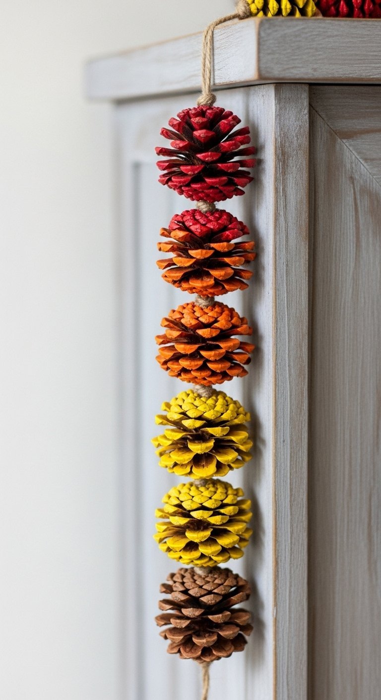 Guirlande verticale faite de pommes de pin peintes en dégradé automnal