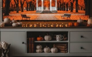 Image d un parc en automne affichee sur un ecran de television