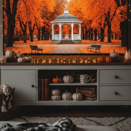 Image d un parc en automne affichee sur un ecran de television