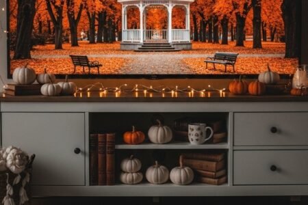 Image d un parc en automne affichee sur un ecran de television