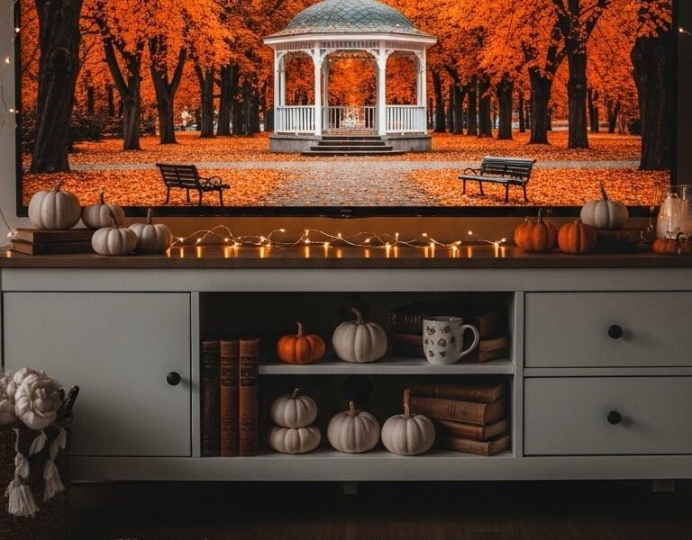 Image d un parc en automne affichee sur un ecran de television