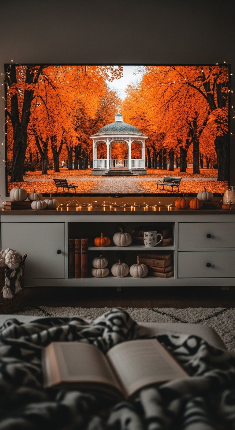Image d un parc en automne affichee sur un ecran de television