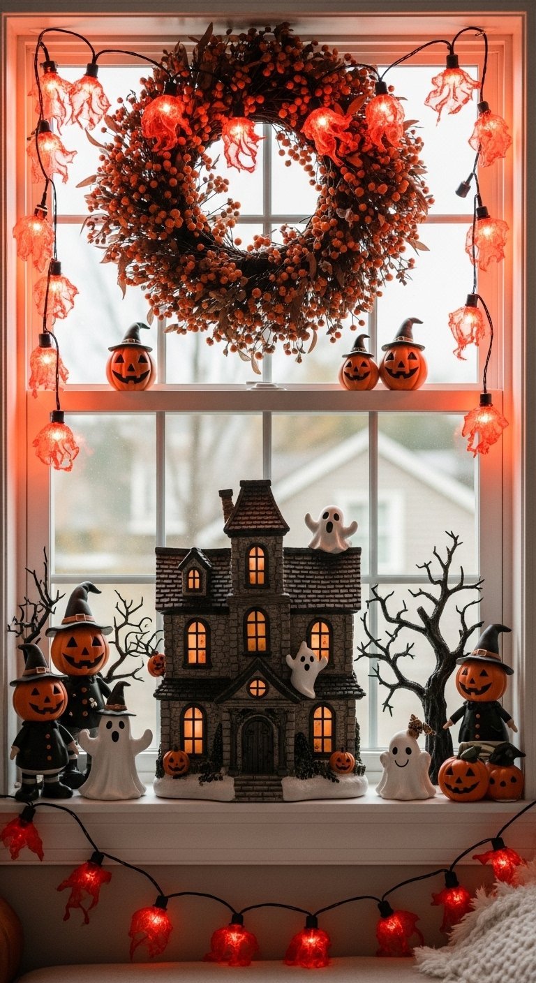 Maison hantee illuminee et citrouilles dHalloween sur un rebord de fenetre