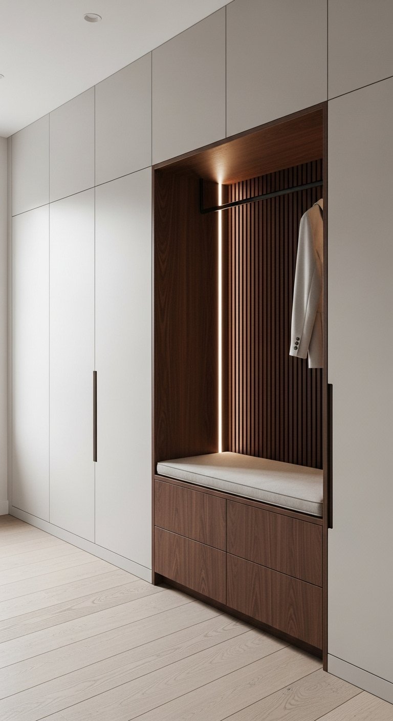 Placard blanc avec niche en bois fonce et eclairage LED vertical
