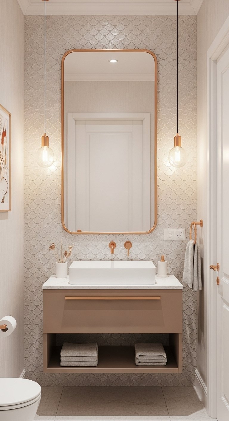 Salle de bain douce avec carrelage écaille de poisson et détails cuivrés