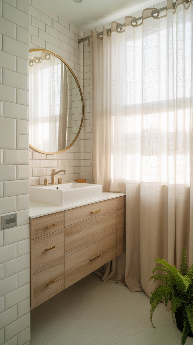 Salle de bain lumineuse avec meuble en bois clair suspendu et miroir doré