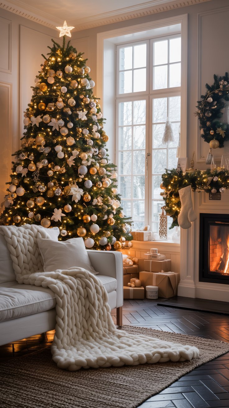 Salon chic avec un grand sapin de Noël décoré en or et blanc près d une cheminée